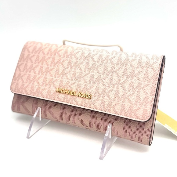 Michael Kors Jet Set Large Signature Logo TriFold Wallet Powder Blush Multi - Picture 1 of 9